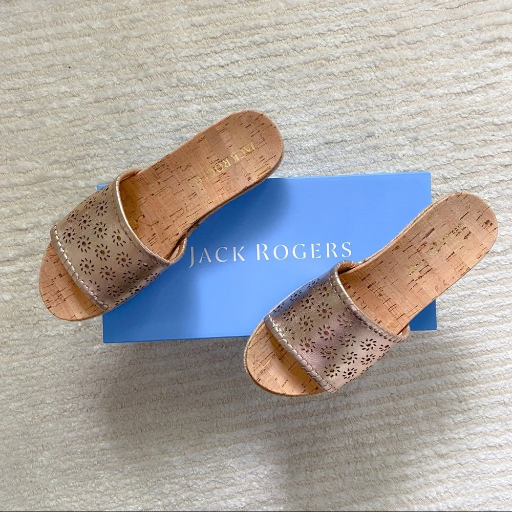 NWT Jack Rogers rose gold cork slides